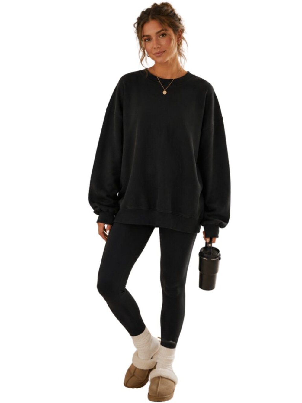 Aerie Big Chill Bow Crew Sweatshirt Pullover Womens Large Black Oversized Lounge